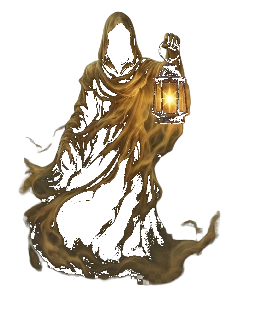 Ghost of Future - Hooded spectral figure holding rusted lantern with gold star, golden amber mist robes