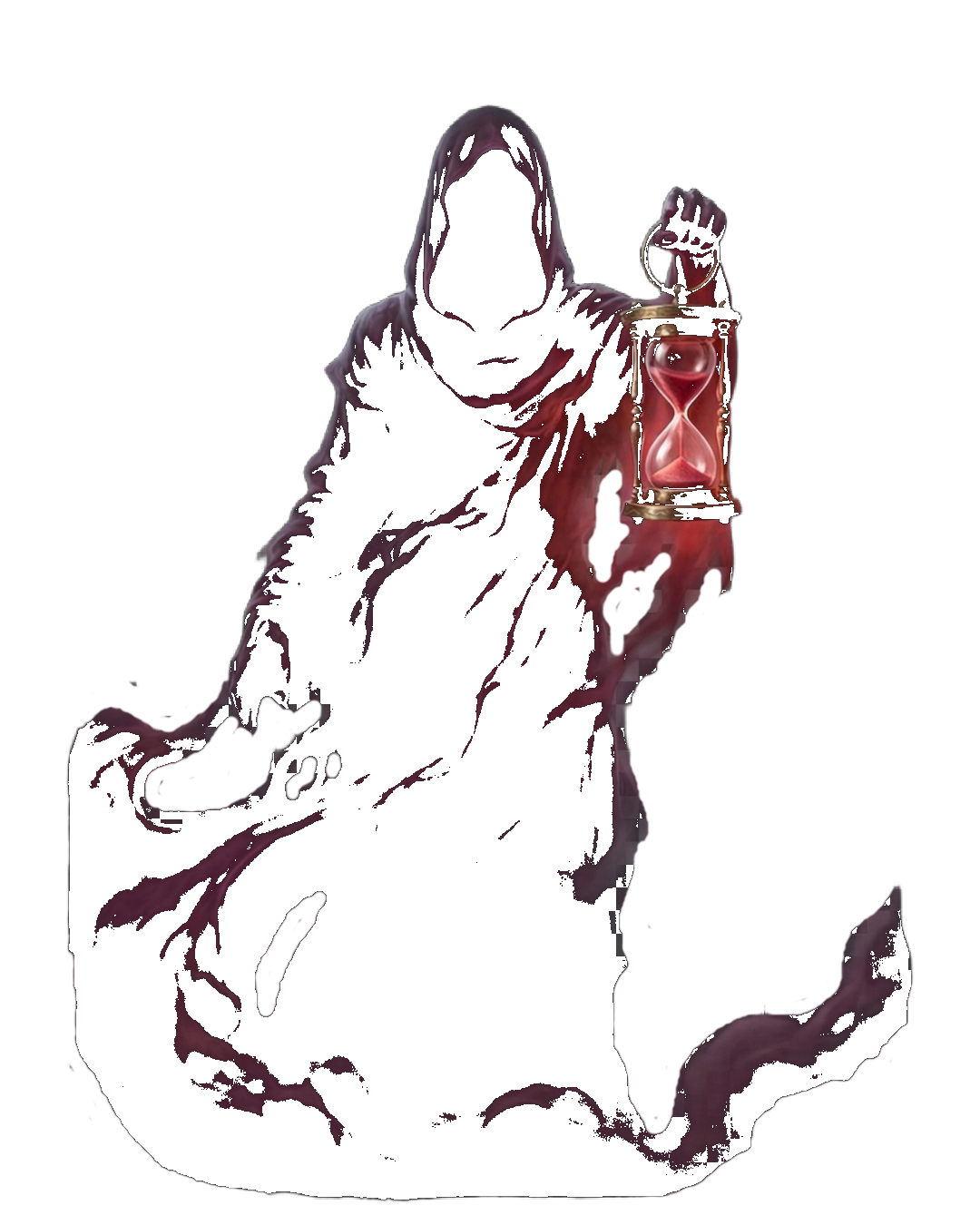 Ghost of Past - Hooded spectral figure holding glowing hourglass with red sand, burgundy and magenta mist robes