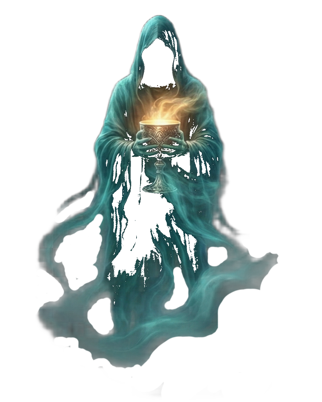 Ghost of Present - Hooded spectral figure holding glowing silver chalice, teal and cyan mist robes
